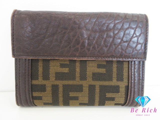 フェンディ FENDI 二つ折り財布 8M0160 ズッカ ブラウン 茶 ブラック 黒 キャンバス レザー コンパクト ウォレット 中財布  【中古】【送料無料】 bs4276