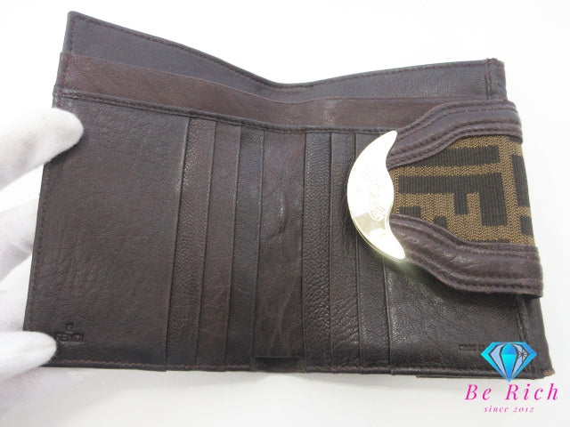 フェンディ FENDI 二つ折り財布 8M0160 ズッカ ブラウン 茶 ブラック 黒 キャンバス レザー コンパクト ウォレット 中財布  【中古】【送料無料】 bs4276