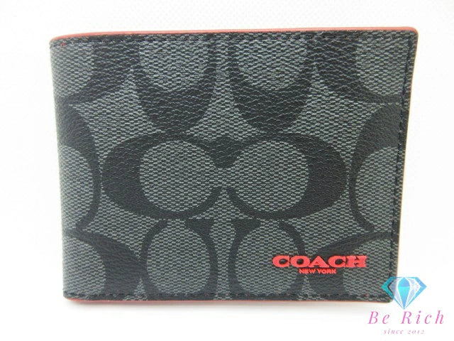 コーチ COACH 二つ折り札入れ カード入れ F88123 シグネチャー グレー 赤 PVC レザー ロゴ 札入れ 小銭入れなし コンパクト ウォレット 【中古】【送料無料】bs4285