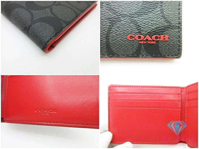 コーチ COACH 二つ折り札入れ カード入れ F88123 シグネチャー グレー 赤 PVC レザー ロゴ 札入れ 小銭入れなし コンパクト ウォレット 【中古】【送料無料】bs4285