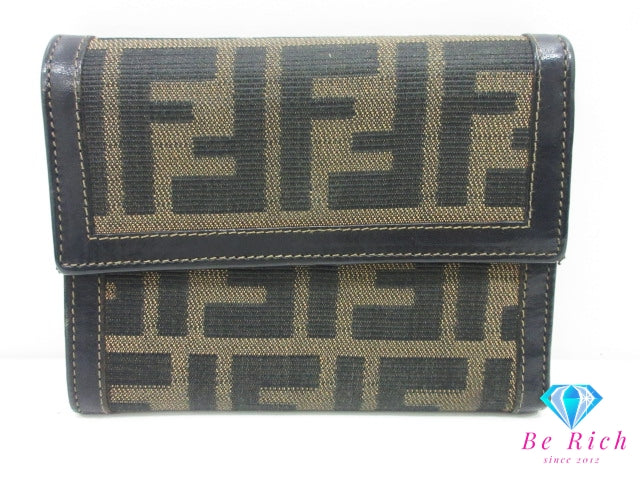 フェンディ FENDI 三つ折り財布 2270 30729 079 ズッカ ブラウン 茶 ブラック 黒 キャンバス レザー コンパクト ウォレット 中財布  【中古】【送料無料】 bs4289