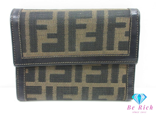 フェンディ FENDI 三つ折り財布 2270 30729 079 ズッカ ブラウン 茶 ブラック 黒 キャンバス レザー コンパクト ウォレット 中財布  【中古】【送料無料】 bs4289