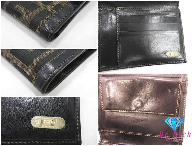フェンディ FENDI 三つ折り財布 2270 30729 079 ズッカ ブラウン 茶 ブラック 黒 キャンバス レザー コンパクト ウォレット 中財布  【中古】【送料無料】 bs4289