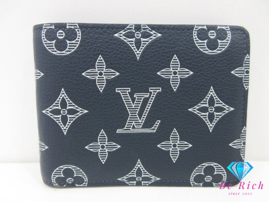 美品 ルイ ヴィトン LOUIS VUITTON モノグラム シャドウ ポルト フォイユ ミュルティプル M83379 ネイビー 紺 レザー LV ロゴ 小銭入れ なし 二つ折り財布 コンパクト ウォレット 【中古】【送料無料】 bs4291