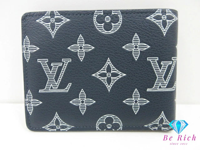 美品 ルイ ヴィトン LOUIS VUITTON モノグラム シャドウ ポルト フォイユ ミュルティプル M83379 ネイビー 紺 レザー LV ロゴ 小銭入れ なし 二つ折り財布 コンパクト ウォレット 【中古】【送料無料】 bs4291