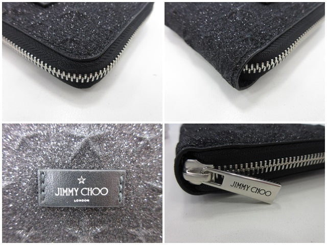 ジミーチュウ JIMMY CHOO 二つ折り財布 LAWRENCECEO ローレンス 黒 ブラック グリッター レザー ロゴ ラウンド ファスナー コンパクト ウォレット エンボス スター 【中古】【送料無料】 bs4293