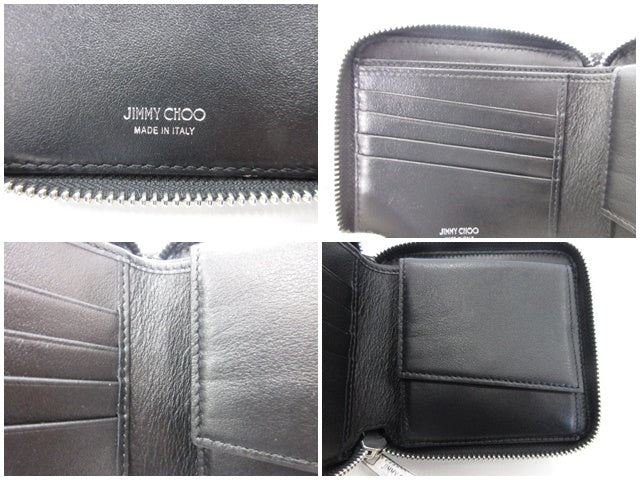 ジミーチュウ JIMMY CHOO 二つ折り財布 LAWRENCECEO ローレンス 黒 ブラック グリッター レザー ロゴ ラウンド ファスナー コンパクト ウォレット エンボス スター 【中古】【送料無料】 bs4293