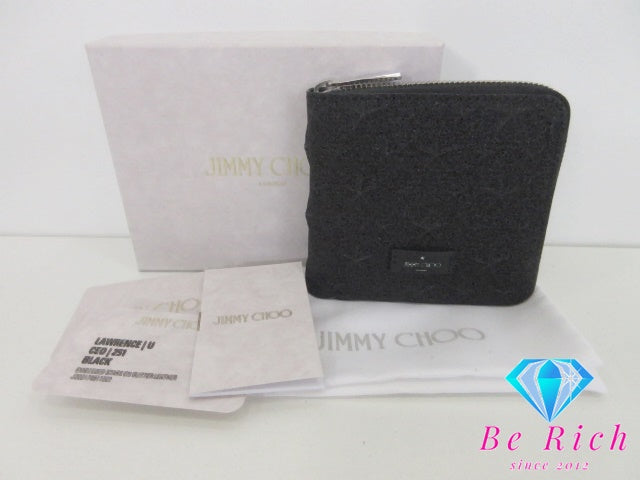 ジミーチュウ JIMMY CHOO 二つ折り財布 LAWRENCECEO ローレンス 黒 ブラック グリッター レザー ロゴ ラウンド ファスナー コンパクト ウォレット エンボス スター 【中古】【送料無料】 bs4293