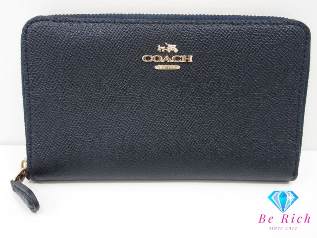 コーチ ラウンド ファスナー 長財布 58584 紺 ネイビー レザー COACH ロング ウォレット 【中古】【送料無料】 bs4294