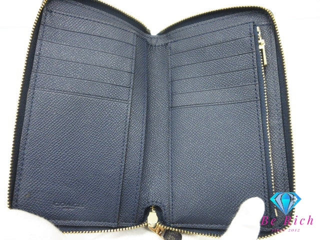 コーチ ラウンド ファスナー 長財布 58584 紺 ネイビー レザー COACH ロング ウォレット 【中古】【送料無料】 bs4294