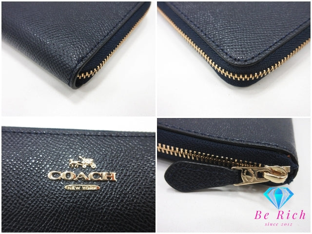 コーチ ラウンド ファスナー 長財布 58584 紺 ネイビー レザー COACH ロング ウォレット 【中古】【送料無料】 bs4294