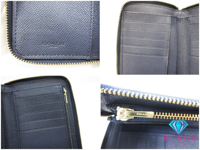 コーチ ラウンド ファスナー 長財布 58584 紺 ネイビー レザー COACH ロング ウォレット 【中古】【送料無料】 bs4294