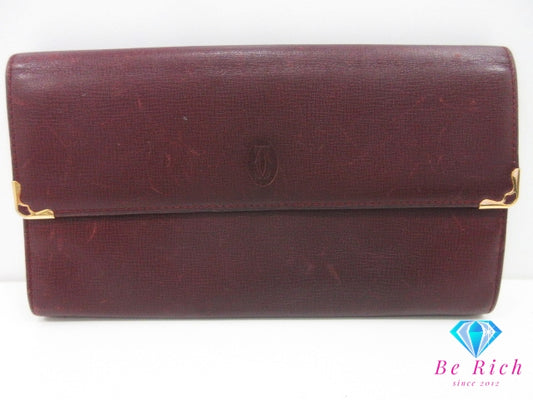 カルティエ Cartier 二つ折り財布 長財布 マスト ライン ボルドー レザー ゴールド 金具 ロゴ ロング ウォレット  【中古】【送料無料】 bs4297