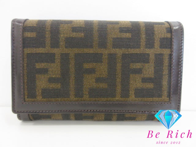 フェンディ FENDI 二つ折り財布 31052 ズッカ L字ファスナー 小銭入れ ブラウン 茶 キャンバス レザー ロゴ 中財布 ミディアム コンパクト ウォレット  【中古】【送料無料】 bs4300