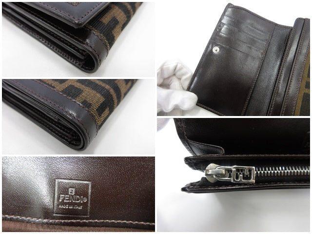 フェンディ FENDI 二つ折り財布 31052 ズッカ L字ファスナー 小銭入れ ブラウン 茶 キャンバス レザー ロゴ 中財布 ミディアム コンパクト ウォレット  【中古】【送料無料】 bs4300