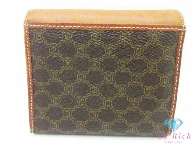 セリーヌ CELINE  二つ折り財布 マカダム ベージュ ブラウン 茶 PVC レザー ブラゾン ロゴ コンパクト ウォレット【中古】【送料無料】 bs4305