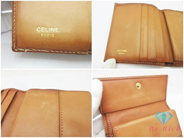 セリーヌ CELINE  二つ折り財布 マカダム ベージュ ブラウン 茶 PVC レザー ブラゾン ロゴ コンパクト ウォレット【中古】【送料無料】 bs4305