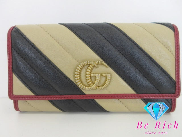 グッチ GUCCI 二つ折り財布 長財布 573809 GG マーモント ベージュ ブラック レッド 黒 赤 レザー ロゴ ダイアゴナル ストライプ キルティング  【中古】【送料無料】 bs4316
