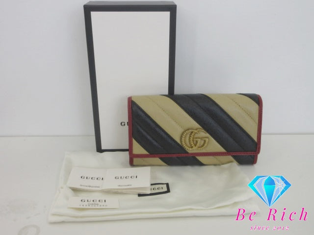 グッチ GUCCI 二つ折り財布 長財布 573809 GG マーモント ベージュ ブラック レッド 黒 赤 レザー ロゴ ダイアゴナル ストライプ キルティング  【中古】【送料無料】 bs4316