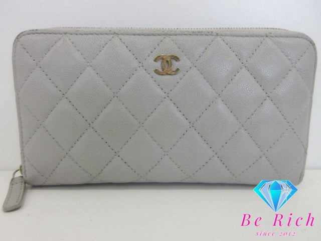 シャネル CHANEL ラウンド ファスナー 長財布 マトラッセ キャビア スキン レザー ライト グレー C ココ マーク ロゴ 二つ折り財布 ロング ウォレット 【中古】【送料無料】bs4325