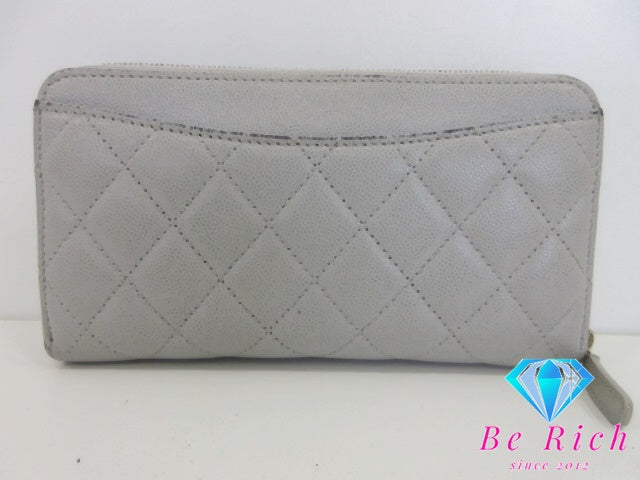 シャネル CHANEL ラウンド ファスナー 長財布 マトラッセ キャビア スキン レザー ライト グレー C ココ マーク ロゴ 二つ折り財布 ロング ウォレット 【中古】【送料無料】bs4325