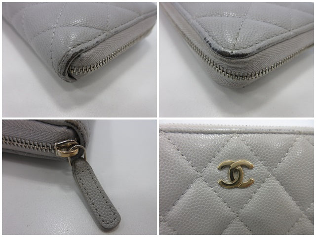 シャネル CHANEL ラウンド ファスナー 長財布 マトラッセ キャビア スキン レザー ライト グレー C ココ マーク ロゴ 二つ折り財布 ロング ウォレット 【中古】【送料無料】bs4325