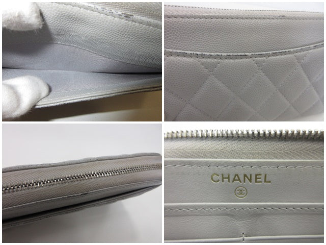 シャネル CHANEL ラウンド ファスナー 長財布 マトラッセ キャビア スキン レザー ライト グレー C ココ マーク ロゴ 二つ折り財布 ロング ウォレット 【中古】【送料無料】bs4325