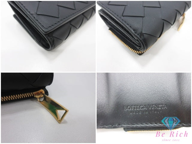 ボッテガ ヴェネタ BOTTEGA VENETA イントレチャート 三つ折り財布 690568 黒 ブラック レザー ロゴ コンパクト ウォレット  【中古】【送料無料】bs4352
