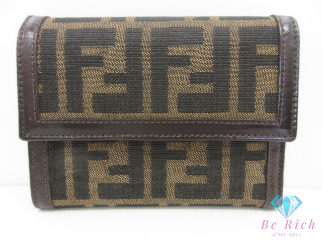 フェンディ FENDI 三つ折り財布 2270 30729 099 ズッカ ブラウン 茶 ブラック 黒 キャンバス レザー コンパクト ウォレット 中財布  【中古】【送料無料】 bs4371