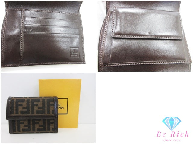フェンディ FENDI 三つ折り財布 2270 30729 099 ズッカ ブラウン 茶 ブラック 黒 キャンバス レザー コンパクト ウォレット 中財布  【中古】【送料無料】 bs4371