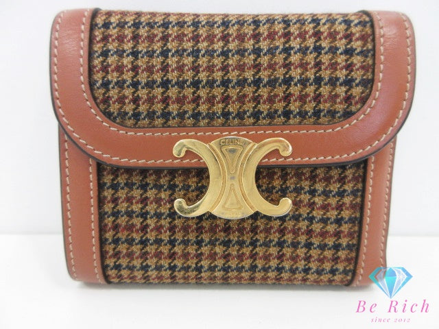 セリーヌ CELINE 三つ折り財布 スモール フラップ ウォレット トリオンフ 10D78 ツイード 茶 ブラウン ロゴ 二つ折り財布 コンパクト ミニ ウォレット  【中古】【送料無料】 bs4374