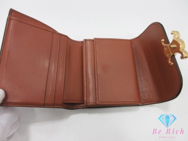 セリーヌ CELINE 三つ折り財布 スモール フラップ ウォレット トリオンフ 10D78 ツイード 茶 ブラウン ロゴ 二つ折り財布 コンパクト ミニ ウォレット  【中古】【送料無料】 bs4374