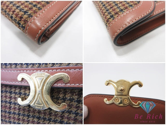 セリーヌ CELINE 三つ折り財布 スモール フラップ ウォレット トリオンフ 10D78 ツイード 茶 ブラウン ロゴ 二つ折り財布 コンパクト ミニ ウォレット  【中古】【送料無料】 bs4374