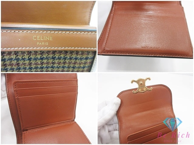 セリーヌ CELINE 三つ折り財布 スモール フラップ ウォレット トリオンフ 10D78 ツイード 茶 ブラウン ロゴ 二つ折り財布 コンパクト ミニ ウォレット  【中古】【送料無料】 bs4374
