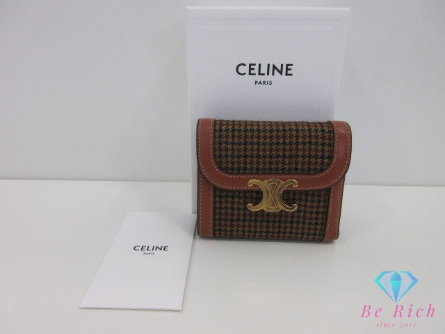 セリーヌ CELINE 三つ折り財布 スモール フラップ ウォレット トリオンフ 10D78 ツイード 茶 ブラウン ロゴ 二つ折り財布 コンパクト ミニ ウォレット  【中古】【送料無料】 bs4374