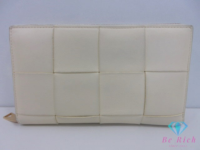 ボッテガ ヴェネタ BOTTEGA VENETA カセット ラウンド ファスナー 長財布 651368 レザー クリーム系 ロゴ 二つ折り財布 ロング ウォレット 【中古】【送料無料】bs4379