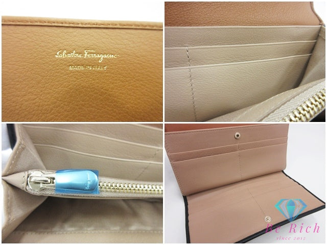 美品 サルヴァトーレ フェラガモ Salvatore Ferragamo 二つ折り財布 長財布 22D184 ガンチーニ ブラウン茶 ブラック 黒 バイカラー レザー ロング ウォレット  【中古】【送料無料】bs4383