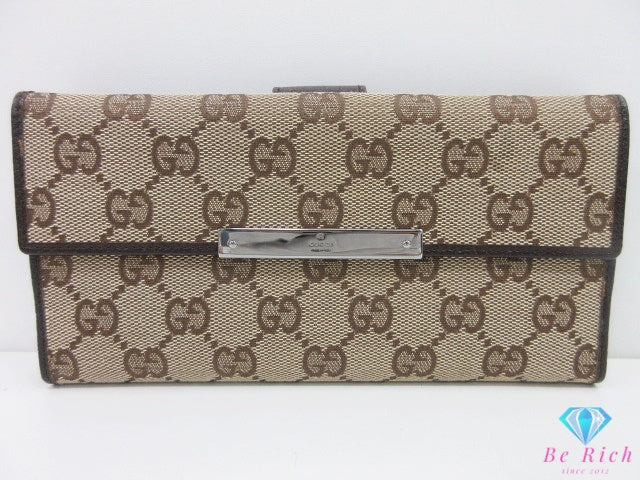 グッチ GUCCI Wホック 長財布 112715 GG ベージュ 茶 ブラウン キャンバス レザー ロゴ 二つ折り財布 ロング ウォレット 【中古】【送料無料】bs4396