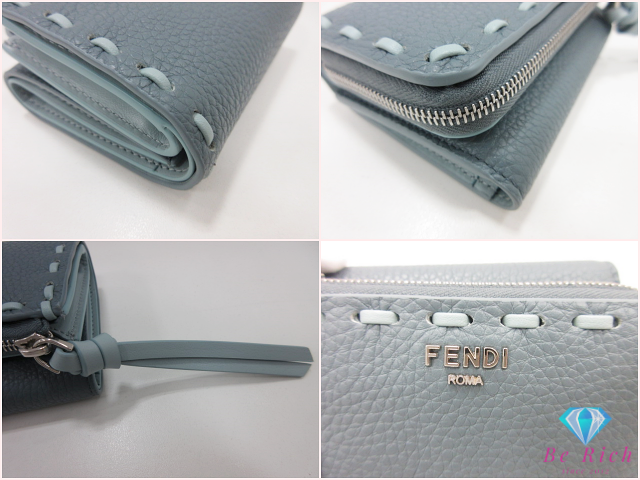 美品 フェンディ FENDI ピーカブー L字ファスナー 三つ折り 財布 8M0499 青 ブルー マーキュリーブルー レザー ロゴ ステッチ コンパクト ウォレット Selleria 【中古】【送料無料】 bs4402