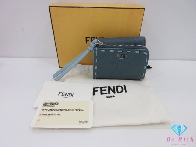美品 フェンディ FENDI ピーカブー L字ファスナー 三つ折り 財布 8M0499 青 ブルー マーキュリーブルー レザー ロゴ ステッチ コンパクト ウォレット Selleria 【中古】【送料無料】 bs4402