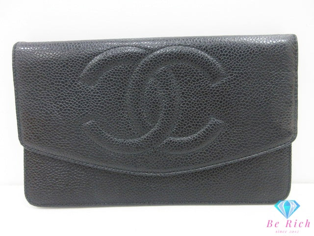 シャネル 二つ折り 長財布 A01434 黒 ブラック キャビアスキン レザー ココマーク ロング ウォレット CHANEL 【中古】【送料無料】 bs4411