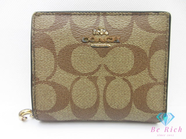 コーチ COACH 二つ折り財布 C3309 シグネチャー ベージュ ブラウン PVC レザー ロゴ 札入れ 小銭入れ コンパクト ウォレット 【中古】【送料無料】bs4466