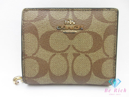 コーチ COACH 二つ折り財布 C3309 シグネチャー ベージュ ブラウン PVC レザー ロゴ 札入れ 小銭入れ コンパクト ウォレット 【中古】【送料無料】bs4466