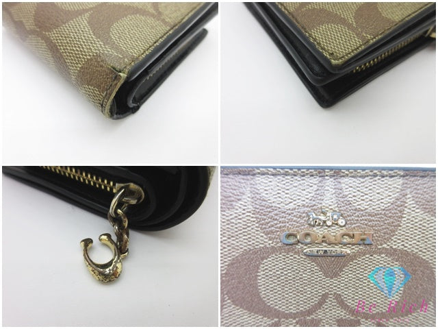 コーチ COACH 二つ折り財布 C3309 シグネチャー ベージュ ブラウン PVC レザー ロゴ 札入れ 小銭入れ コンパクト ウォレット 【中古】【送料無料】bs4466