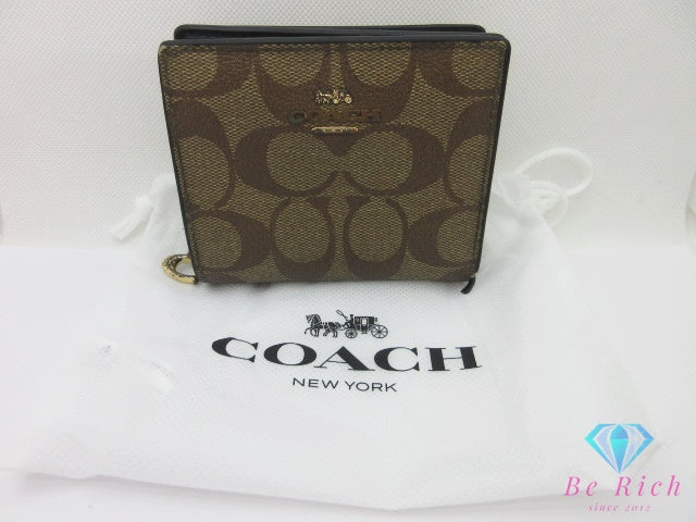 コーチ COACH 二つ折り財布 C3309 シグネチャー ベージュ ブラウン PVC レザー ロゴ 札入れ 小銭入れ コンパクト ウォレット 【中古】【送料無料】bs4466