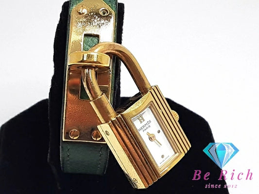 エルメス HERMES Kelly ケリー ウォッチ レディース 腕時計 KE1.201 白 ホワイト グリーン 緑 GP レザー ブレス ロゴ アナログ クォーツ QZ ウォッチ 【中古】【送料無料】 bt3048