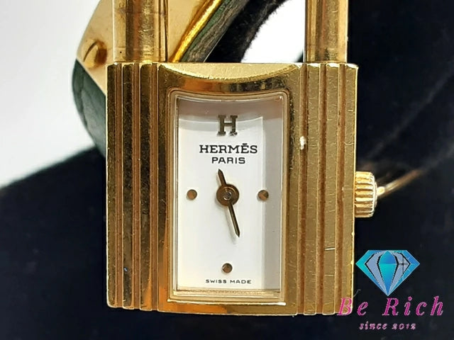 エルメス HERMES Kelly ケリー ウォッチ レディース 腕時計 KE1.201 白 ホワイト グリーン 緑 GP レザー ブレス ロゴ アナログ クォーツ QZ ウォッチ 【中古】【送料無料】 bt3048