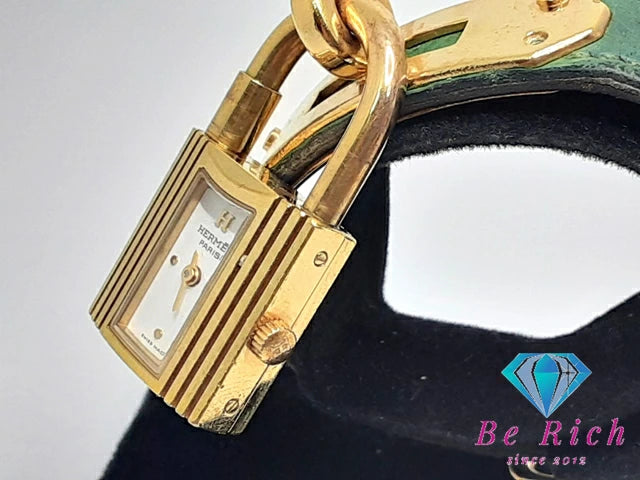 エルメス HERMES Kelly ケリー ウォッチ レディース 腕時計 KE1.201 白 ホワイト グリーン 緑 GP レザー ブレス ロゴ アナログ クォーツ QZ ウォッチ 【中古】【送料無料】 bt3048