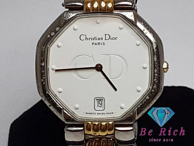 クリスチャン ディオール Christian Dior オクタゴン スウィング ウォッチ メンズ 腕時計 デイト 45.204 白 ホワイト ゴールド シルバー SS ブレス アナログ クォーツ QZ   【中古】【送料無料】 bt3064