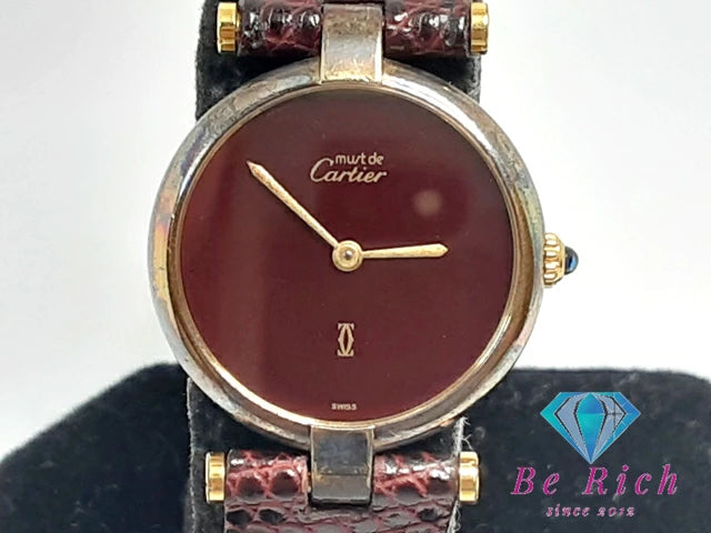 カルティエ Cartier マスト ヴァンドーム ヴェルメイユ レディース 腕時計 ボルドー SV 925 GP レザー ブレス シルバー アナログ クォーツ QZ ウォッチ 【中古】【送料無料】 bt3076